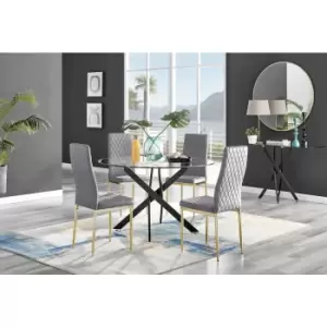 Furniturebox UK - Furniturebox Novara Black Leg 120cm Round Glass Dining Table & 4 Grey Milan Velvet Dining Chairs With Gold Legs Diamond Stitch