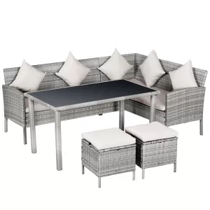 Outsunny 5 Piece Modern Outdoor Patio Rattan Wicker Furniture Patio Dining Table Stool Chaise Lounge Set