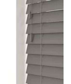 Smooth Grey 50mm Fine Grain Slatted Faux Wood Venetian Blinds with Strings 130cm Drop