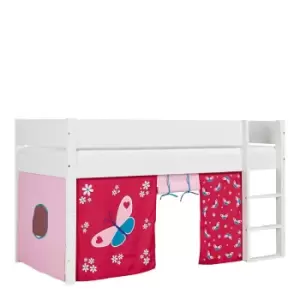 Huxie White Mid Sleeper with Safety Rail and Play Curtain, Red Butterfly