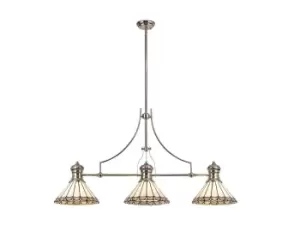 3 Light Telescopic Ceiling Pendant E27 With 30cm Tiffany Shade, Polished Nickel, Grey, Crystal