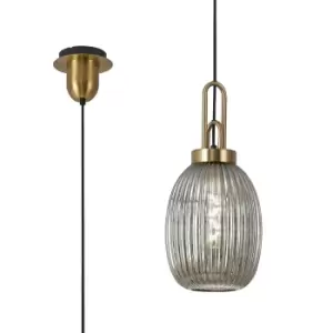 Yorktown Ceiling Pendant E27 With 20cm Almond Ribbed Glass, Smoked Brass Gold, Matt Black