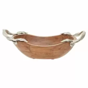 Interiors By Ph Small Oval Bowl, Acacia Wood, Aluminium Leaf Handles