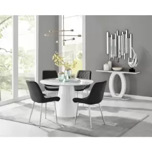 Furniturebox Palma White High Gloss 4 Seat Minimalist Post Modern Round Dining Table & 4 Black Pesaro Silver Leg Velvet Chairs