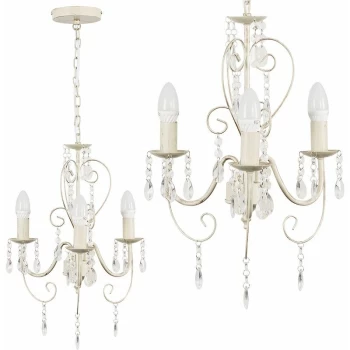 Minisun - Distressed Cream Vintage 3 Way Chandelier + Acrylic Jewels - No Bulbs