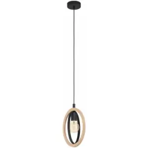 Hanging Ceiling Pendant Light Black & Wood Hoop Shade 1 x 40W E27 Bulb