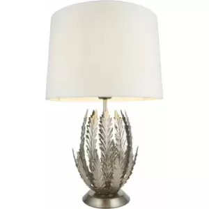 Ornate Silver Table Lamp Light Ivory Cotton Fabric Shade Decorative Leaf Design