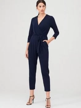 Wallis Three-Quarter Sleeve Wrap Jumpsuit - Ink, Size 16, Women