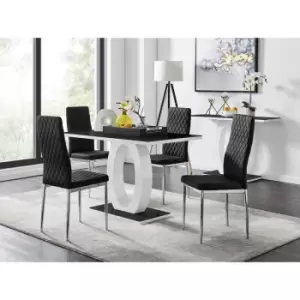 Furniturebox UK - Furniturebox Giovani 4 Black Dining Table & 4 Black Milan Velvet Dining Chairs Diamond Stitch Modern Contemporary Chrome Metal