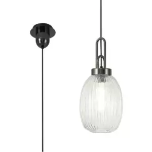 Luminosa Acree Ceiling Pendant E27 With 20cm Almond Ribbed Glass, Clear Black Chrome, Matt Black