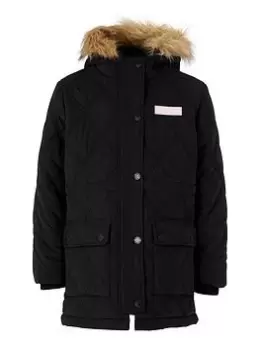 Jack Wills Girls Faux Fur Collared Diamond Quilted Coat - Black, Size 7-8 Years, Women