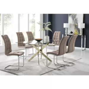 Furniturebox Leonardo 150cm Modern Glass And Gold Metal Dining Leg Table And 6 Cappuccino Beige Murano Faux Leather Silver Chrome Leg Dining Chairs