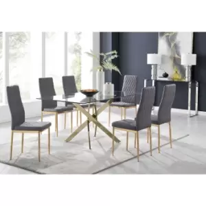 Furniturebox UK - Furniturebox Leonardo 6 Gold Leg Glass Dining Table and 6 Grey Milan Velvet Dining Chairs With Gold Legs Diamond Stitch Modern