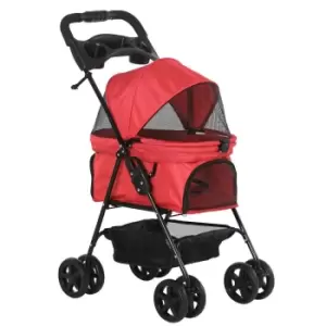 Pawhut Pet Stroller No-zip Foldable Travel Carriage With Brake Basket Canopy - Red