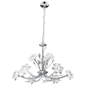 9 Light Multi Arm Ceiling Pendant Flower Design Chrome, Glass Nine, G9