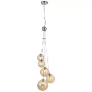 Luminosa Marshall Ceiling Pendant, 5 Light G9, Satin Nickel, Amber Plated Glass