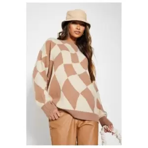 I Saw It First Warped Check Oversized Knitted Jumper - Brown