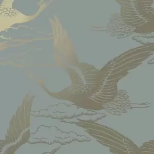 Holden Decor Metallic Cranes Blue Wallpaper