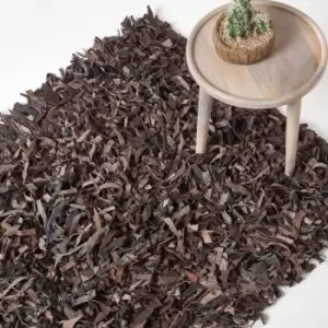 Dallas Leather Shaggy Rug Chocolate, 120 x 180cm - Brown - Homescapes