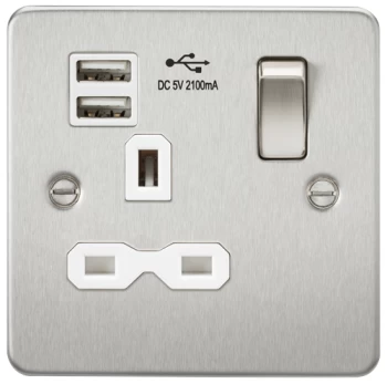 KnightsBridge Flat plate 13A 1G switched socket with dual USB charger (2.1A) - brushed chrome with white insert