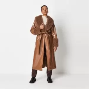 Missguided Fur Mix Belted Vinyl Trench - Brown