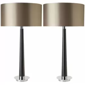 2 pack Walnut Table Lamp Light Chrome Mink Silk Shade Round Base Desk Sideboard