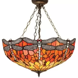 Interiors Dragonfly Flame - 3 Light Medium Inverted Ceiling Pendant Bronze, Dragonfly Tiffany Glass, E27