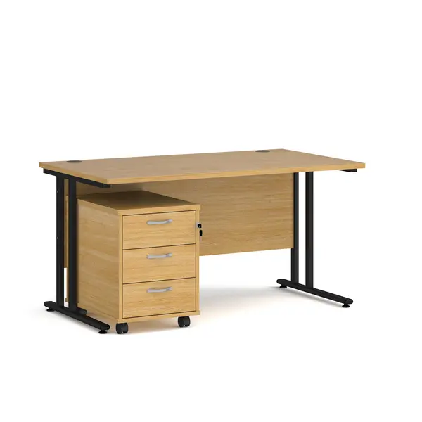 Maestro 25 Straight Desk Black Frame Oak Table Top and 3 Drawer Pedestal - 1400mm