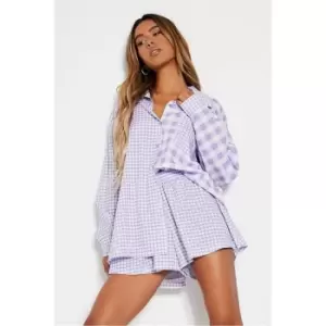 I Saw It First Lilac Contrast Gingham Pocket Front Boyfriend Shirt Co-Ord - Purple