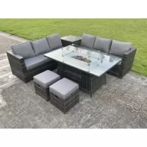 Fimous 6 Seater Outdoor Dark Grey Rattan Lounge Complete Sofa Set with Gas Fire Pit Table and 2 Stools