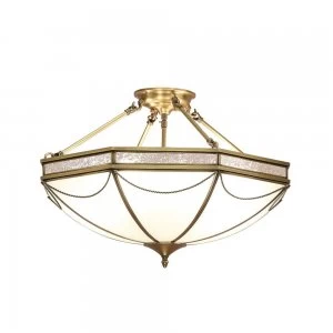 8 Light Semi Flush Ceiling Light Antique Brass, Frosted Glass, E27