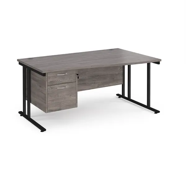 Maestro 25 right hand wave desk 1600mm wide with 2 drawer pedestal - Black cantilever leg frame, grey oak top