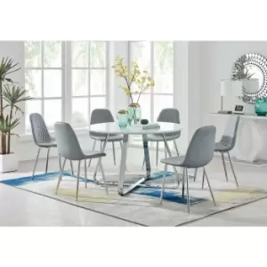 Santorini White Round Dining Table And 6 Grey Corona Faux Leather Dining Chairs with Silver Legs Diamond Stitch - Elephant Grey