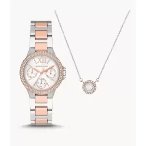 Michael Kors Womens Mini Camille Multifunction Two-Tone Stainless Steel Watch And Steel Necklace Set - Rose Gold / Silver