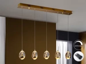 Roc Integrated LED 5 Light Dimmable Crystal Drop Bar Ceiling Pendant with Remote Control Gold