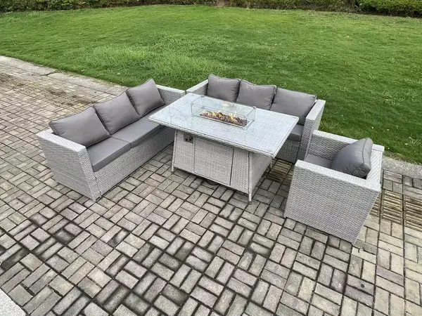 Fimous 7 Seater Outdoor Light Grey Rattan Lounge Complete Sofa Set with Gas Fire Pit Dining Table and Gas Heater