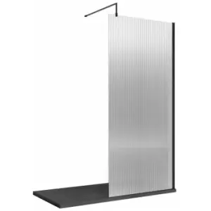 Hudson Reed Fluted Matt Black Profile Wet Room Screen with Support Bar 900mm Wide - 8mm Glass