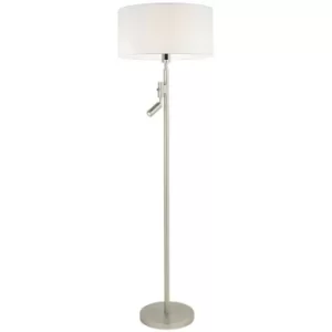 Floor Lamp With Reading Light Matt Nickel Plate, Vintage White Fabric Shade