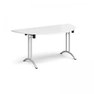 Semi circular folding leg table with silver legs and curved foot rails