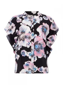 DKNY Short sleeve ruffle printed blouse Black