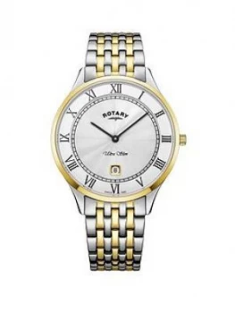 Rotary Rotary Ultra Slim Silver Sunray And Gold Detail Date Dial Two Tone Stainless Steel Bracelet Ladies Watch