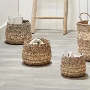 Set of 3 Woven Natural Seagrass & Palm 2-Toned Round Baskets Brown