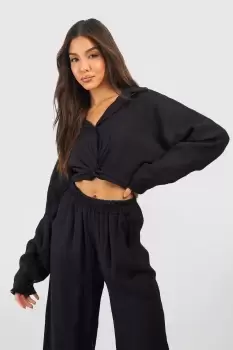 Crinkle Knot Front Cropped Shirt