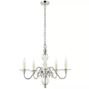 Flemish Ceiling Pendant Chandelier Polished Nickel & Crystal Curved 5 Lamp Light