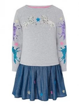 Monsoon Girls Sequin Horse Sweat 2 In 1 Dress - Grey