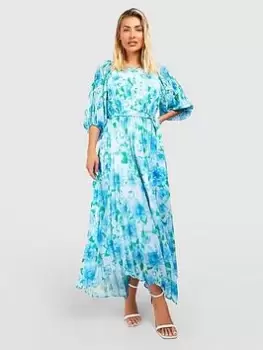 Boohoo Floral Pleated Puff Sleeve Midi Dress - Blue Size 8, Women