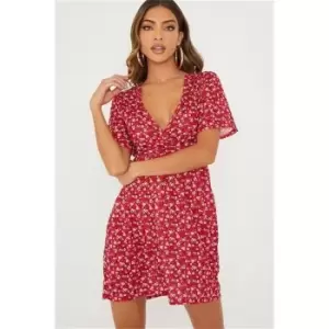 I Saw It First Red Ditsy Floral Wrap Tea Dress - Red