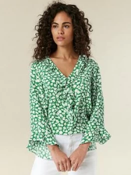 Wallis Floral Print Ruffle Blouse - Green, Size 18, Women