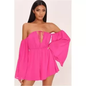 I Saw It First Sheer Mesh Bardot Playsuit - Pink