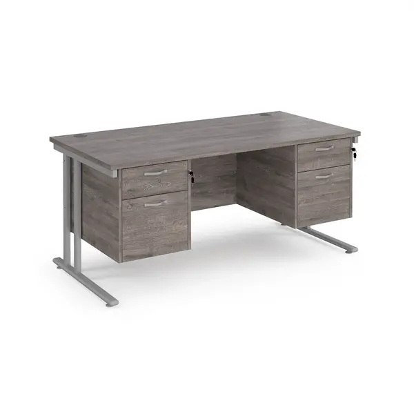 Maestro 25 straight desk 1600mm x 800mm with two x 2 drawer pedestals - silver cantilever leg frame, grey oak top